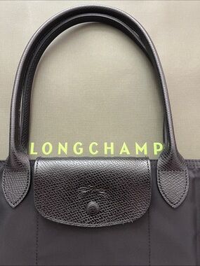 Longchamp Medium Le Pliage Tote with Leather Trim and silver hardware.
